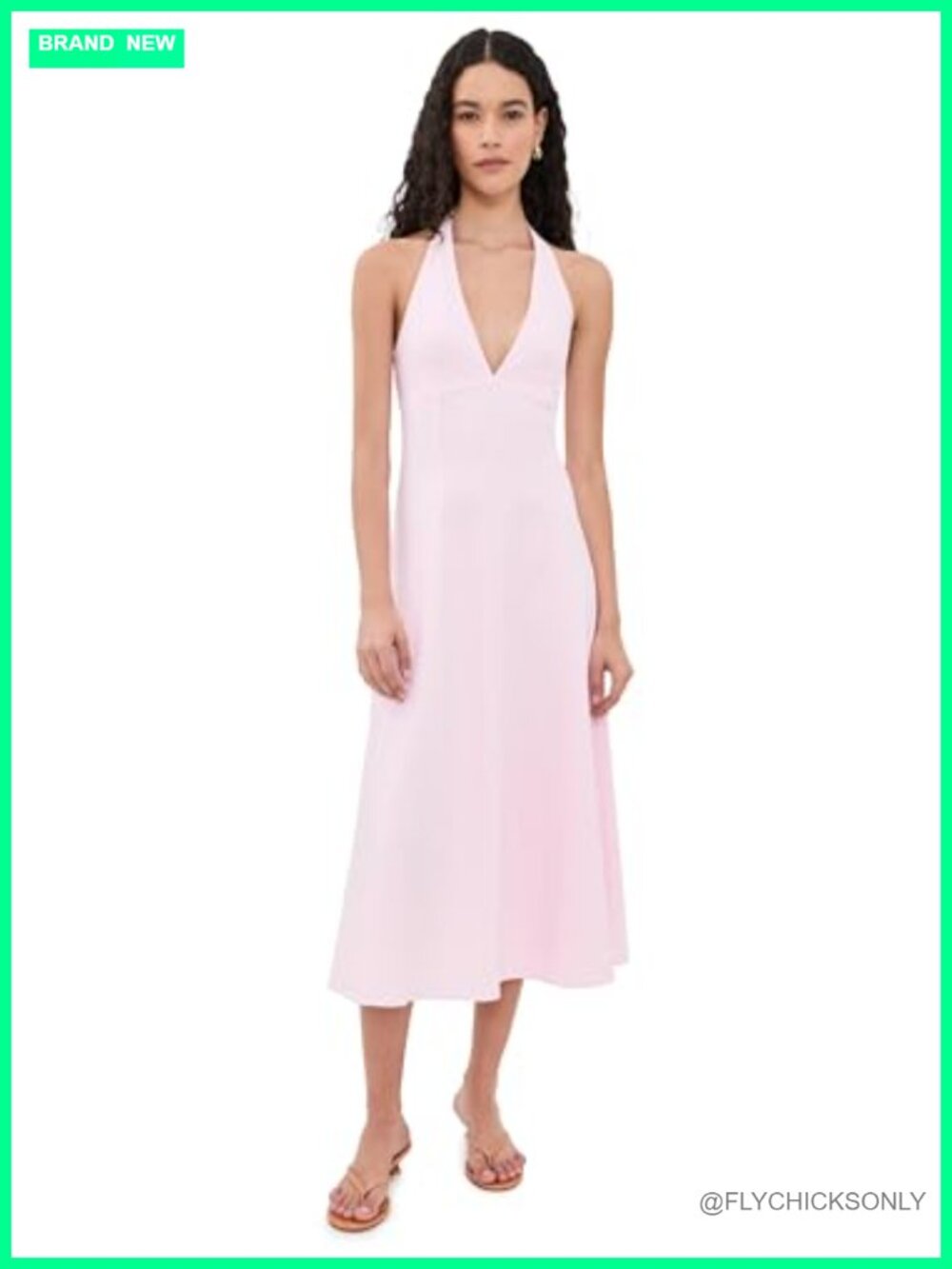 WAYF Linen Halter Midi Dress Open Back Smocked Adjustable Straps